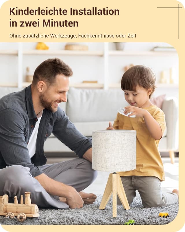 Detalle de EDISHINE Nachttischlampe aus Holz mit E27-Fassung und beigem Leinen-Schirm (36 cm)