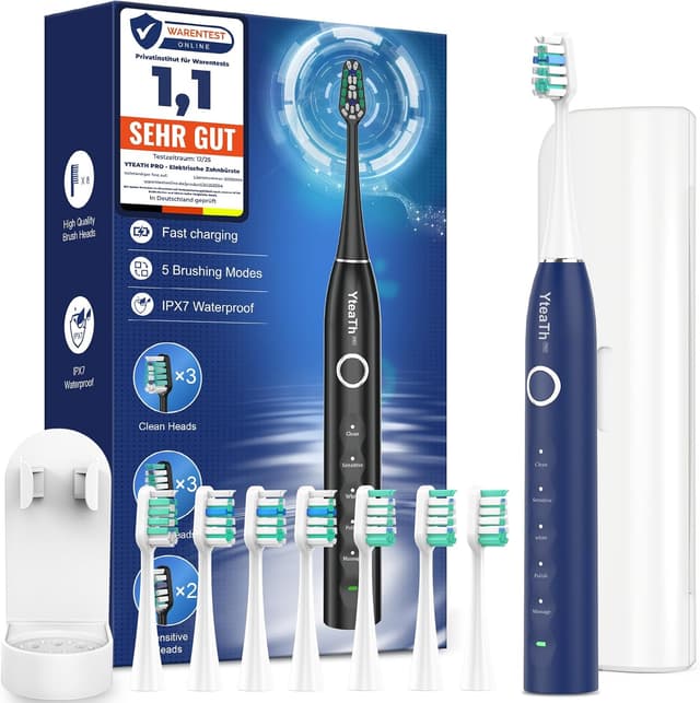 Detalle de Brosse à dent électrique sonique Soniques pour Homme (8 têtes) avec étui de voyage et 5 modes – Bleu foncé
