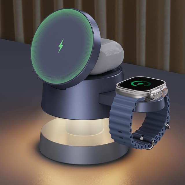 Detalle de iVANKY stazione di ricarica wireless 4 in 1 con luce notturna, Qi2 15W e MagSafe per iPhone, Apple Watch e AirPods