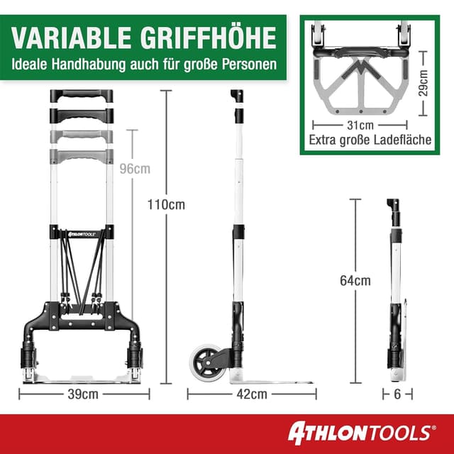Thumbnail 6 de ATHLON TOOLS Aluminium Transportkarre klappbar mit langem Teleskopgriff (110 cm) – TÜV geprüft