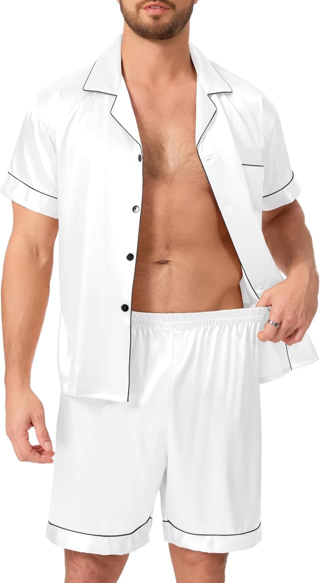 Detalle de Pyjama satin homme court Lovasy : ensemble deux pièces chemise boutonnée et short respirant