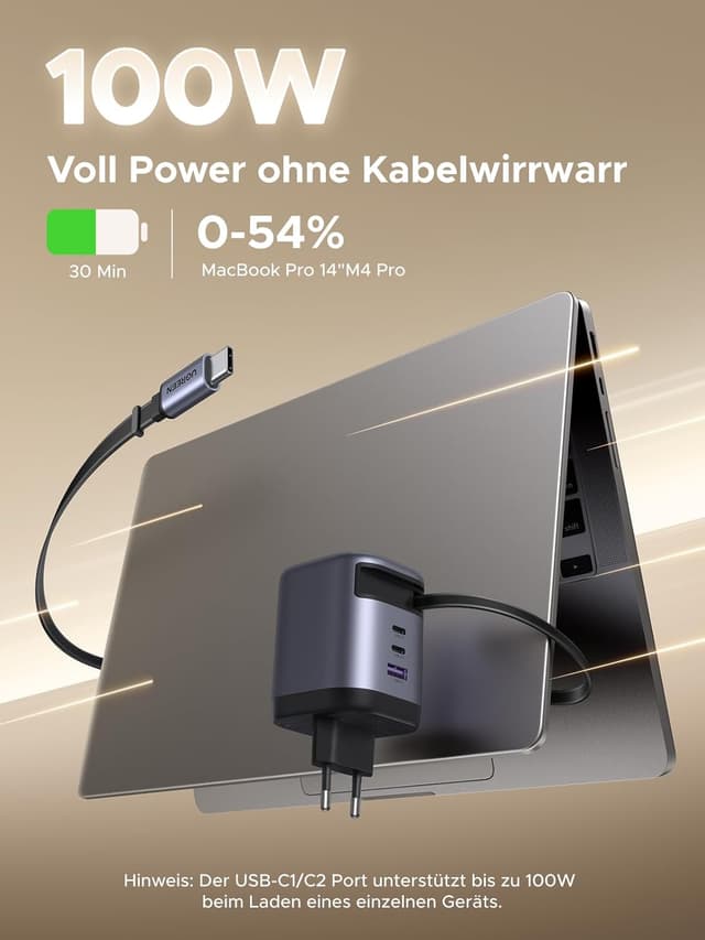 Detalle 2 de UGREEN Nexode 100W USB C Ladegerät mit Einziehkabel