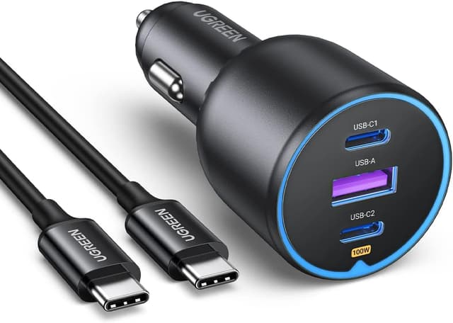 Detalle de UGREEN 130W Cargador Coche USB C ⚡ Compatible con iPhone y Samsung