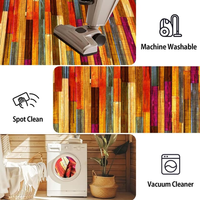 Detalle de WTHYGB Teppichläufer für Flur & Küche, rutschfest, waschbar – 60 x 180 cm (Rot mit Holzmaserung)