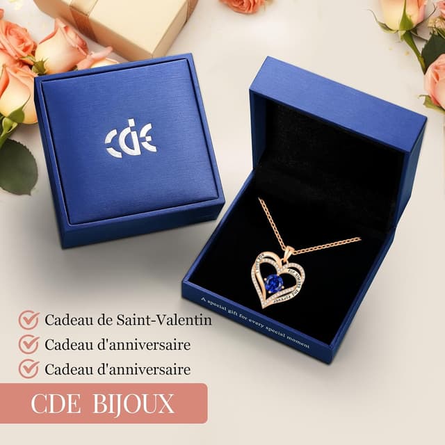 Detalle de Collier cœur en pierre de naissance CDE : pendentif double cœur en dorure rose cuivrée
