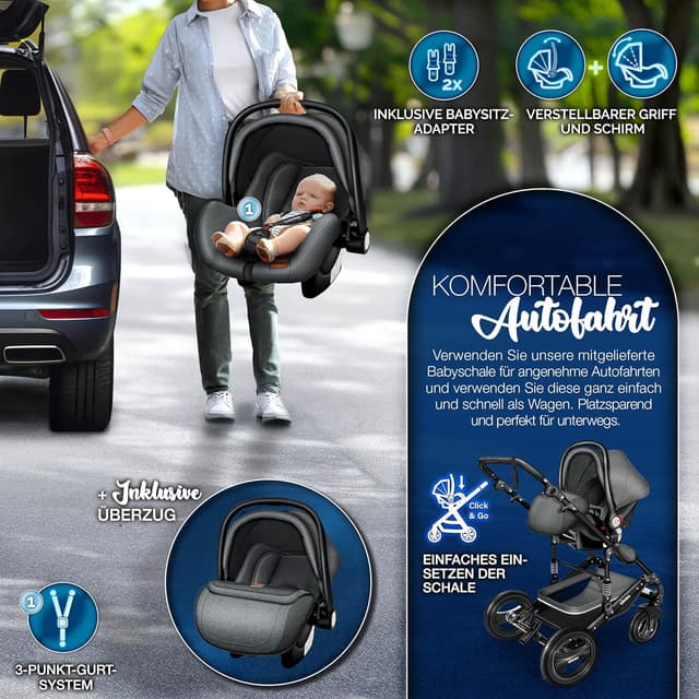 Detalle de KIDUKU® 3-in-1 Kombikinderwagen-Set inkl. Babywanne, Sportsitz und Auto-Babyschale