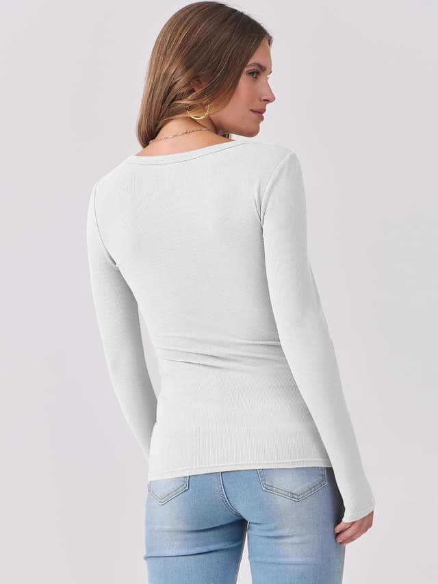 Detalle 2 de DUOEASE Langarmshirt Damen Basic Slim Fit mit U-Ausschnitt – einfarbiges Stretch-Top