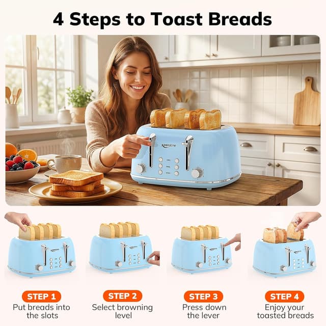 Thumbnail 6 de Keenstone 4-Slice Retro Stainless Steel Toaster with Dual Independent Controls (Wide Slots, Blue)