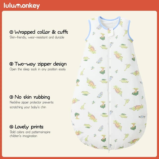 Detalle de Lulumonkey 1.5 Tog Baby Sleeping Bag (6–18 Months) – Soft 100% Cotton Dinosaur