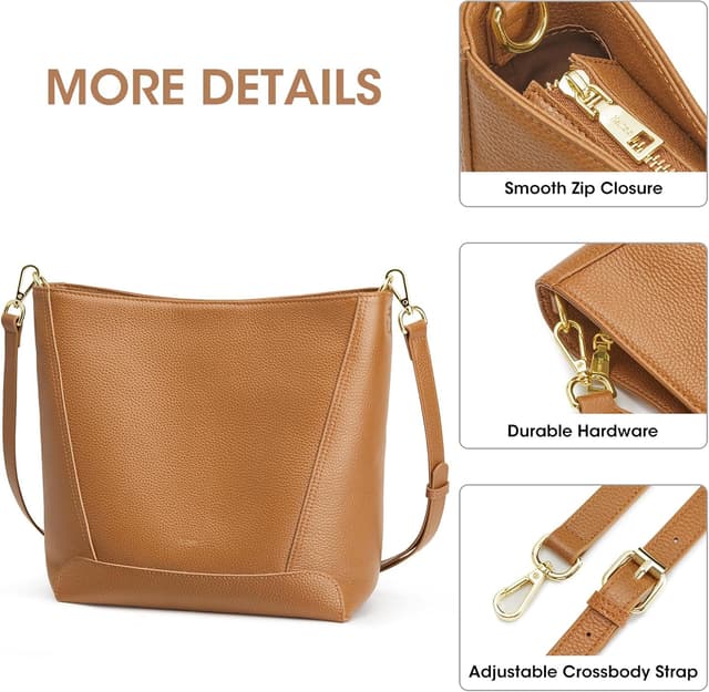 Detalle de Kattee Top Grain Leather Bucket Handbag with Crossbody Strap (Medium Hobo Shoulder Bag)