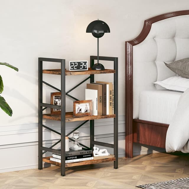 Detalle de Homeiju 3-Tier Industrial Metal Bookshelf (Rustic Brown) — Compact etagere for home office, bedroom, and living room