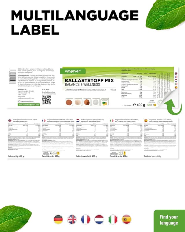 Thumbnail 6 de vit4ever Ballaststoffe Kombi (400 g) – Ballaststoffpulver mit Flohsamenschalen, Inulin & natürlichem Ananasaroma