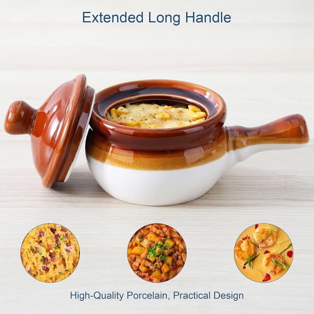 Detalle 2 de LOVECASA 16 oz French Onion Soup Crocks with Lids (Set of 4) – porcelain soup bowls with extended handle
