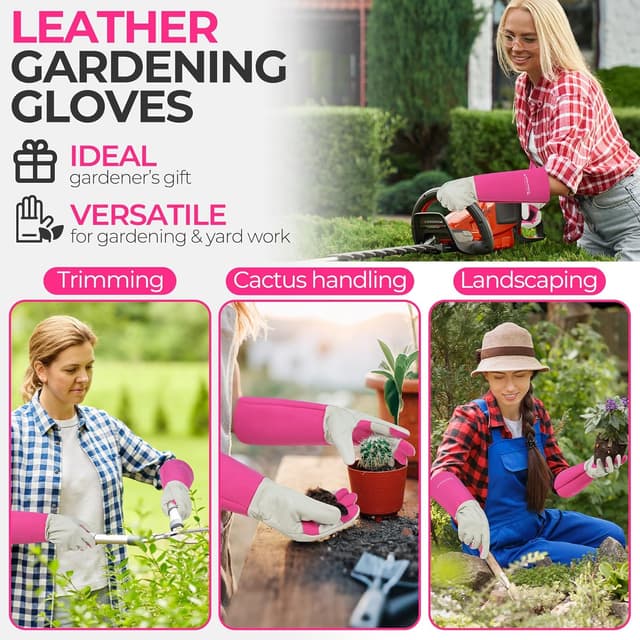 Detalle de HANDLANDY Thorn Proof Gardening Gloves (Pink, M) – long-sleeve rose pruning leather gauntlets