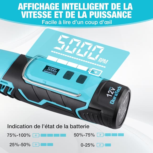 Detalle de DURATECH Outil rotatif multifonction sans fil 12 V (118 accessoires) — 7 vitesses variables 5000 à 35000 tr/min