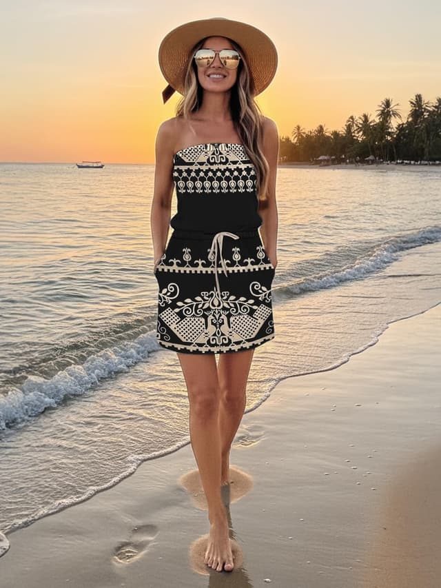 Detalle 2 de Women’s Strapless Summer Dress Boho Beach Cover-Up with Pockets and Drawstring Waist