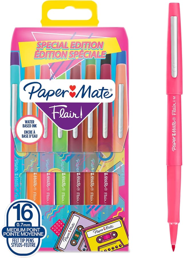 Detalle de Paper Mate Flair Felt Tip Pens (0.7 mm) – Medium Point Retro Assorted Set, 16 Count