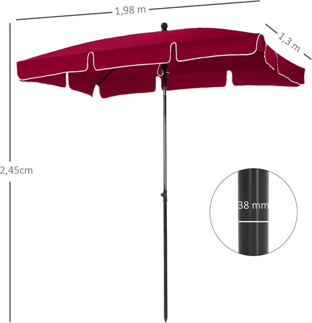 Thumbnail 6 de Outsunny parasol de jardin rectangulaire droit inclinable en aluminium et polyester haute densité, 2 x 1,3 m rouge