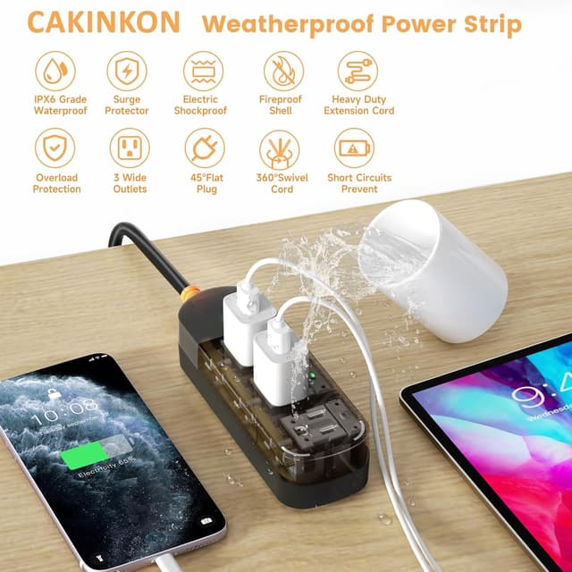 Detalle de CAKINKON Outdoor Power Strip Weatherproof (10 ft) With 3 AC Outlets and Surge Protection, UL Listed
