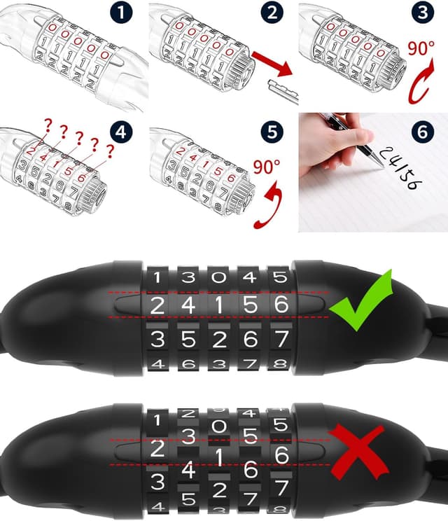 Detalle 2 de MUPAS Fahrrad-Zahlenschloss mit 5-stelligem Code und gehärtetem Stahl (Kettenschloss)