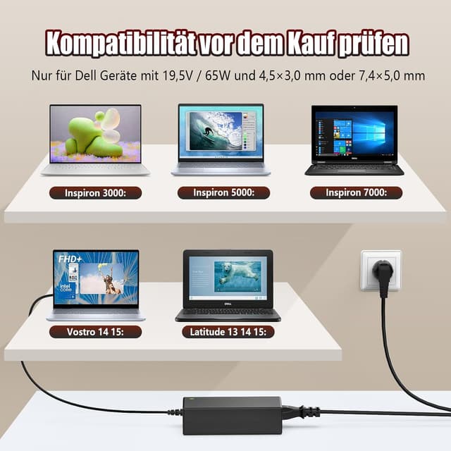 Detalle de 65-W-Laptop-Ladekabel (Netzteil) für Dell – kompatibel u. a. mit Inspiron & Latitude (19,5 V, 65 W max)