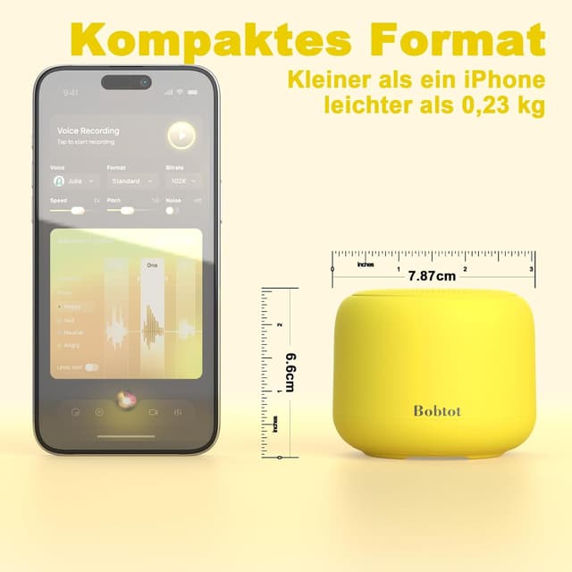 Detalle 2 de Bobtot Tragbarer Bluetooth-Lautsprecher (gelb) – wasserdicht, Stereo-Sound, bis zu 15 Stunden Spielzeit