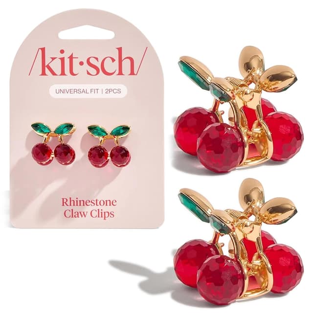 Detalle de Kitsch Cherry Small Hair Clips for Women (2pcs) – Rhinestone Mini Claw Clips