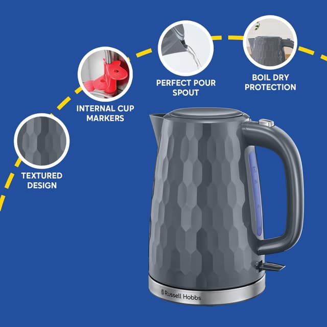 Detalle de Russell Hobbs Honeycomb 1.7L Cordless Electric Kettle (26053) – grey plastic, fast boil 3KW