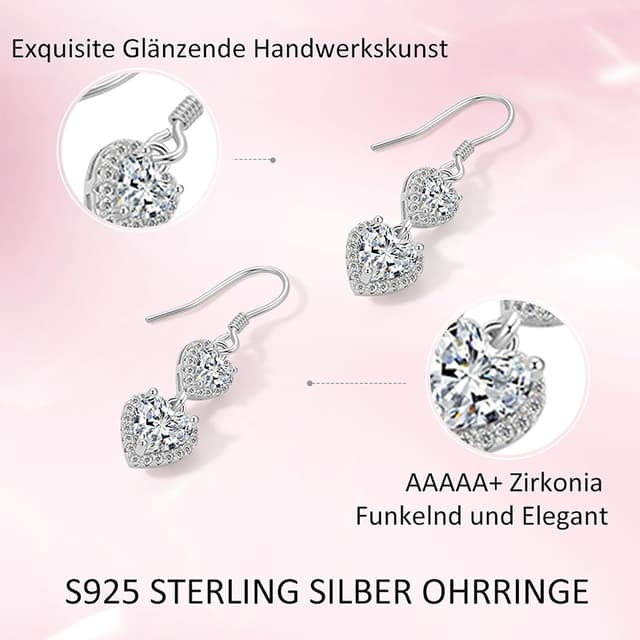 Detalle 2 de Lange Ohrringe Hängend aus Sterlingsilber 925 mit Herz und Zirkonia-Glitzer in Geschenkbox