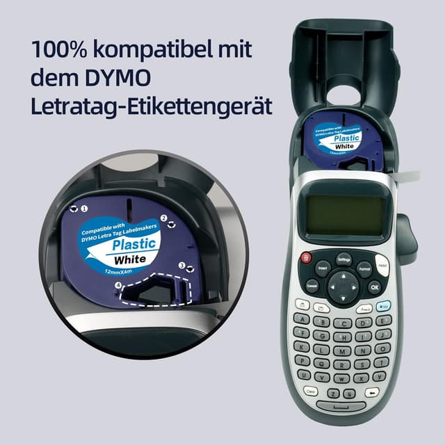Detalle 2 de 3er-Pack Kunststoff-Etikettenband für Dymo LetraTag, 12 mm (schwarzer Druck auf weiß/klare Schrift auf schwarz)