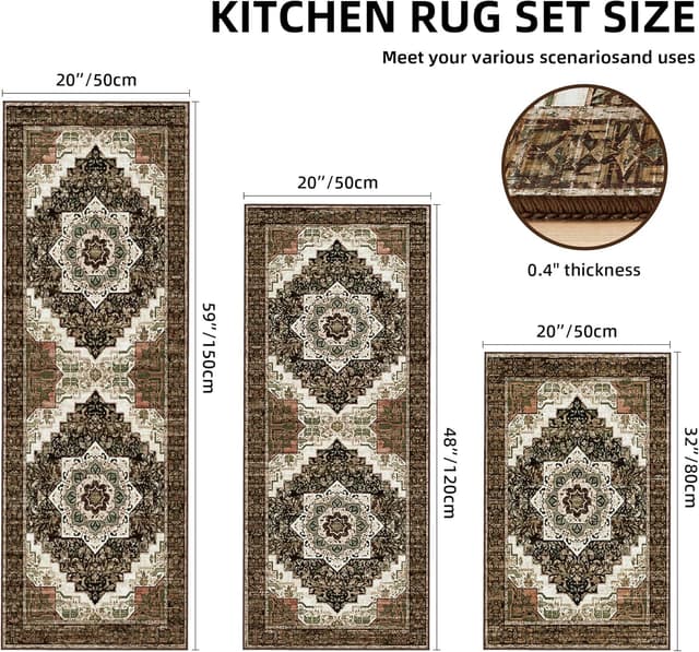 Detalle 2 de Tritard 3-Piece Non Slip Boho Kitchen Rug Set (Brown) – Washable Kitchen Mats for Runner, Hallway, and Laundry Room