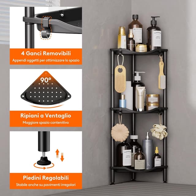 Detalle de lifewit Mensola Doccia a 3 Livelli senza Foratura per angolo bagno, 34 cm, nero