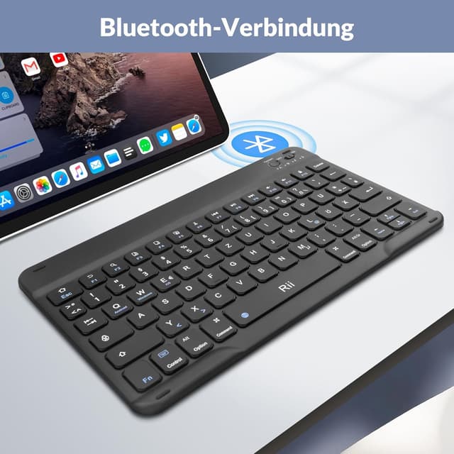 Detalle de Rii Bluetooth Tastatur für Tablet – ultradünne Slim-Tastatur mit Scissor-Mechanik, QWERTZ, wiederaufladbar (schwarz)