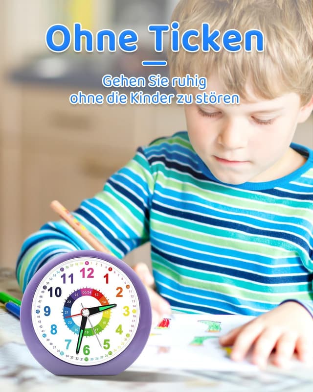 Detalle 2 de Ayybboo Kinderwecker ohne Ticken mit Snooze und Nachtlicht – analoger Quarzwecker für Kinder (Lavendel)