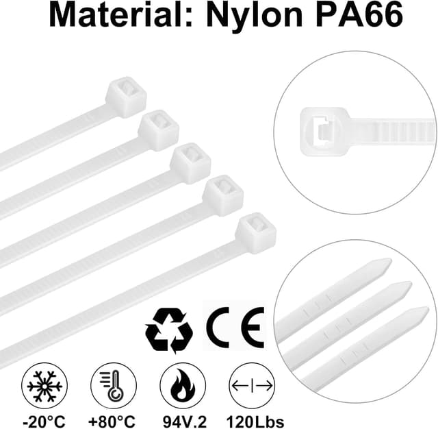 Detalle de Yaluzibi 1000-pack 8 inch white nylon cable ties (PA66), UV resistant self-locking