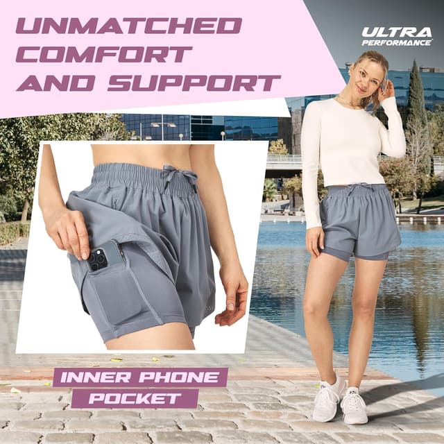 Detalle de Ultra Performance Women’s Running & Gym Shorts (Nylon) — 2-Pack with Inner Compression Liner