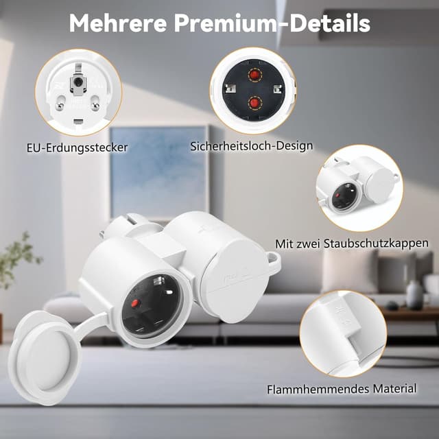 Detalle 2 de BOSYTRO Doppelstecker für Steckdose Adapter (IP44, geerdet) – 2-Ausgänge für Innen- und Außenbereich
