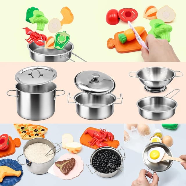 Detalle 2 de 37Items 59Pc Kids Pretend Play Kitchen Accessories Set (Stainless Steel Pots & Pans)