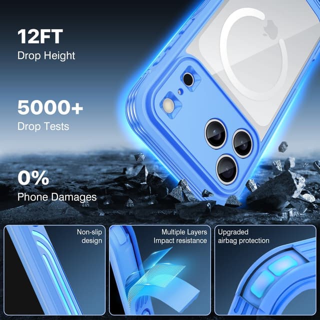 Detalle de CENHUFO MagSafe iPhone 17 Pro case with built-in 9H glass screen protector – 360° shockproof bumper (Blue)