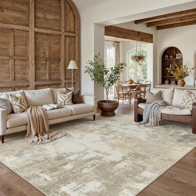 Detalle de PureCozy Beige abstrakter Kurzflor Teppich für Wohnzimmer & Schlafzimmer, rutschfest, waschbar (200x300 cm)