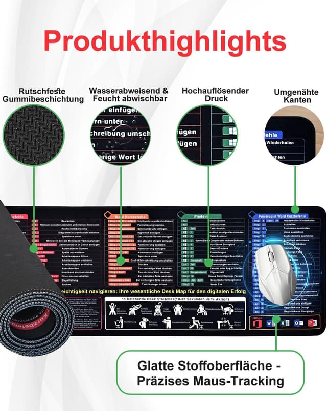 Detalle de Schreibtischunterlage mit Excel-Shortcuts 800×300 mm