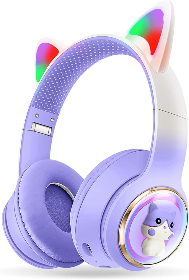 Detalle de AXFEE Kinderkopfhörer Over-Ear mit Bluetooth 5.3, Katzenohren und LED