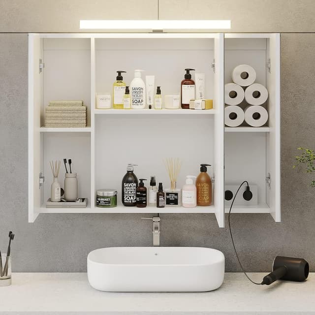 Detalle de DICTAC Armadietto Specchio da Bagno con Luce LED e Presa Elettrica, 80x16x60 cm, Bianco