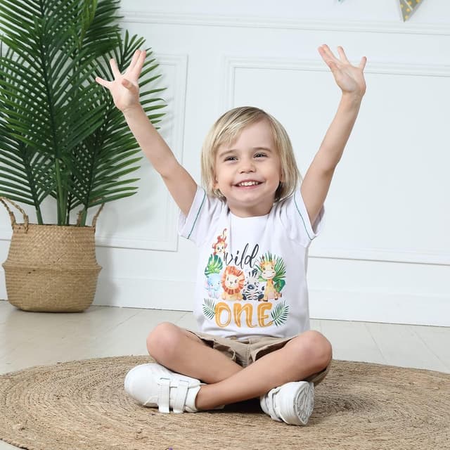 Detalle de Baby Boy 1st Birthday T-Shirt – I’m Wild and 1 Jungle Animals Safari Top Tee