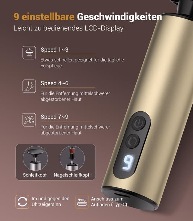 Detalle 2 de LOZLTX elektrischer Hornhautentferner für Füße mit Sensortechnik und 9 Stufen (Gold)