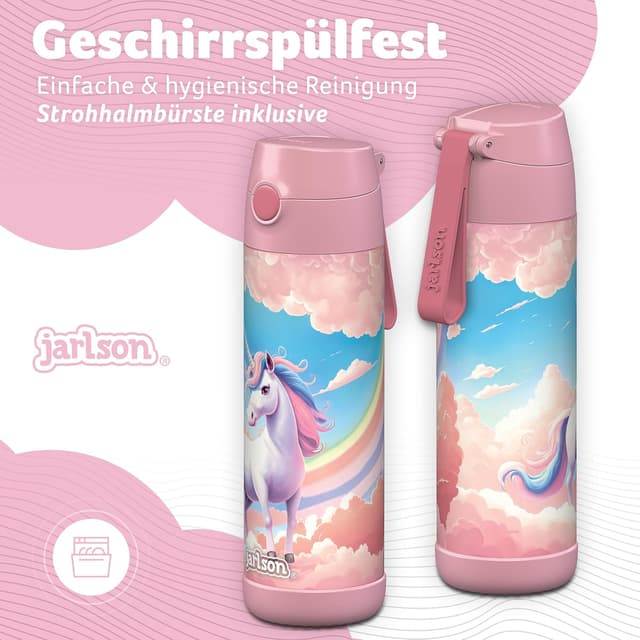 Detalle de Jarlson® Kinder-Trinkflasche Charli aus Edelstahl (500 ml) mit Strohhalm – auslaufsicher, BPA-frei