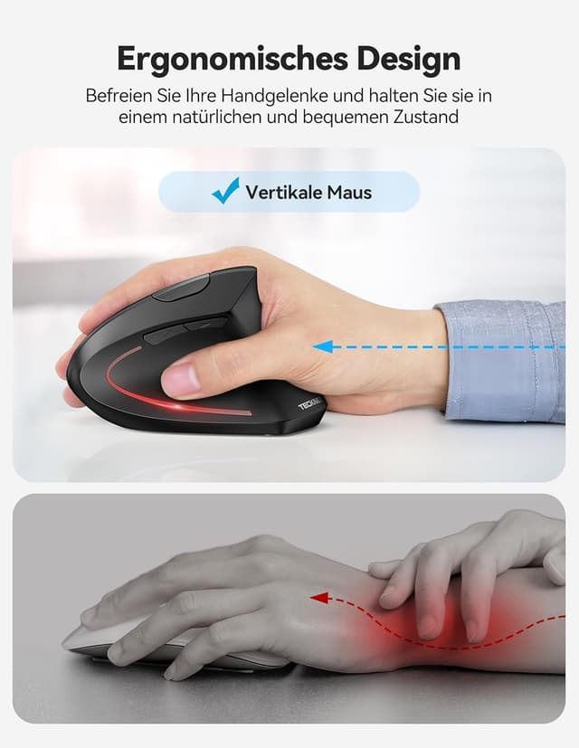 Detalle de TECKNET ergonomische Bluetooth-Maus mit Jiggler & wiederaufladbar – BT 5.0/3.0 + 2,4 GHz, bis 4.800 DPI