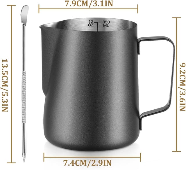 Detalle de Milk Frothing Pitcher 12oz / 350ml Stainless Steel Steaming Jug with Decorating Pen (Black) – Latte Art frother