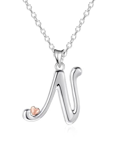 Detalle de Mesovor collar personalizado de plata de ley 925 con inicial y corazón oro rosa (Letra-N) para mujer