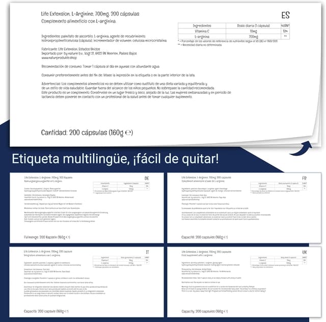 Thumbnail 3 de Life Extension L-Arginina 700mg 🌱 200 Cápsulas Vegan